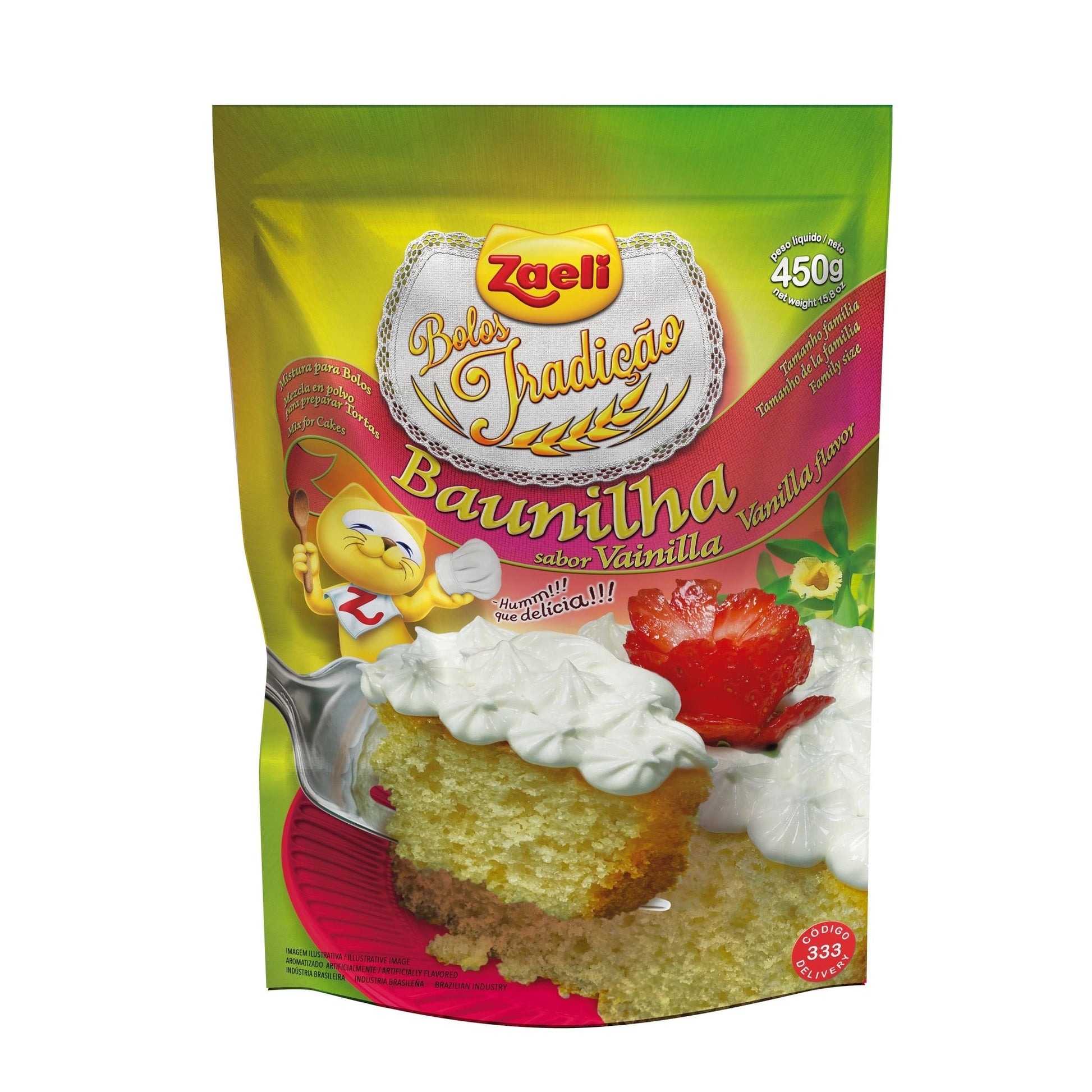 Mistura para Bolo Baunilha Zaeli 450g sobre fundo branco