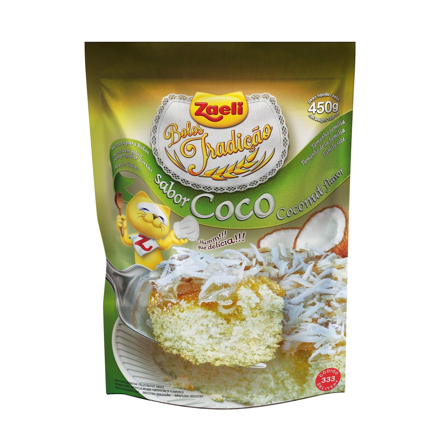 Mistura para Bolo Coco Zaeli 450g sobre fundo branco