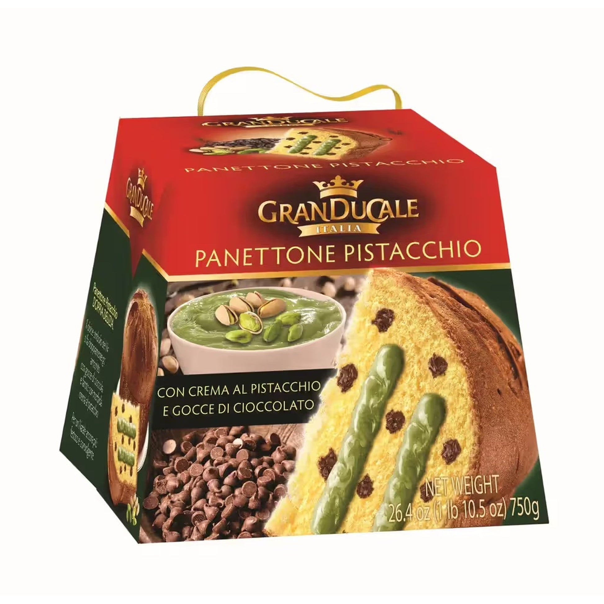 Panettone Pistacchio com pepitas de chocolate Granducale 750g sobre fundo branco