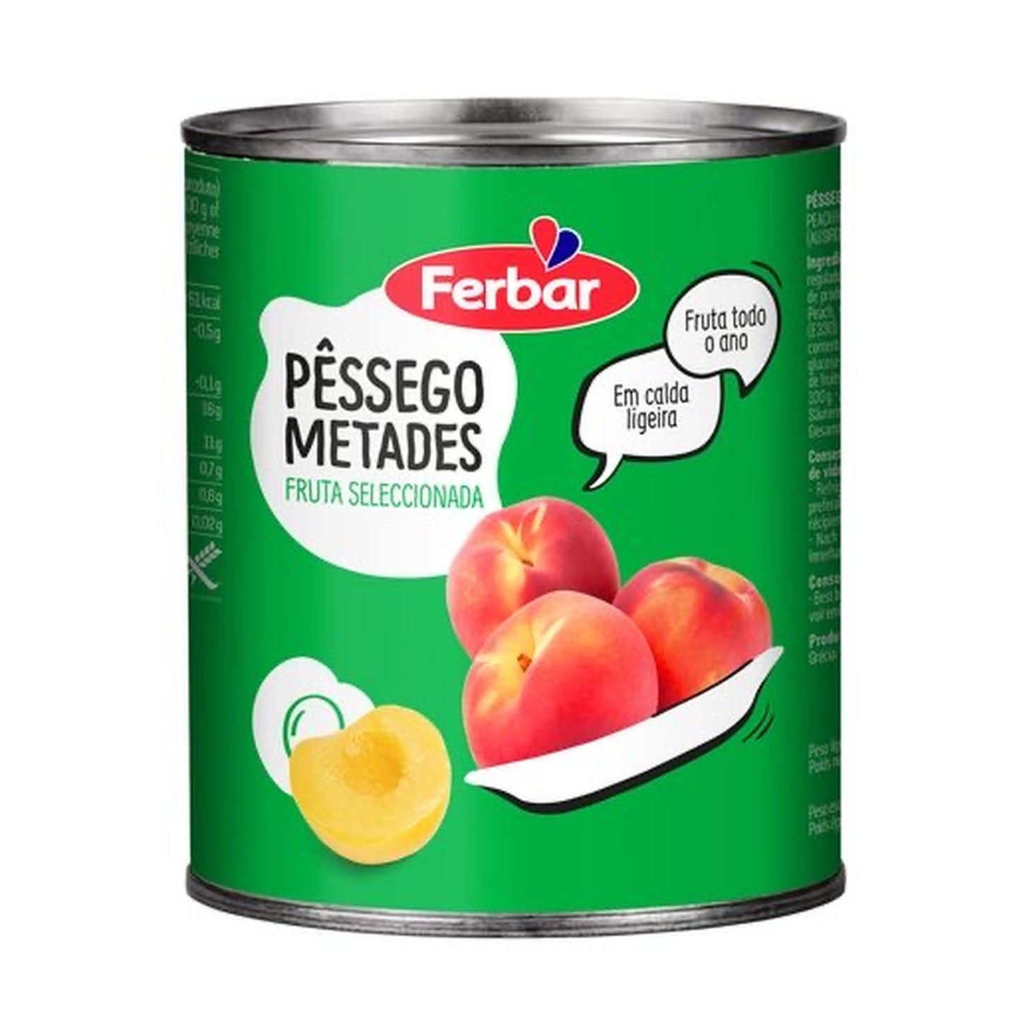 Pêssego Ferbar Metades 820g sobre fundo branco