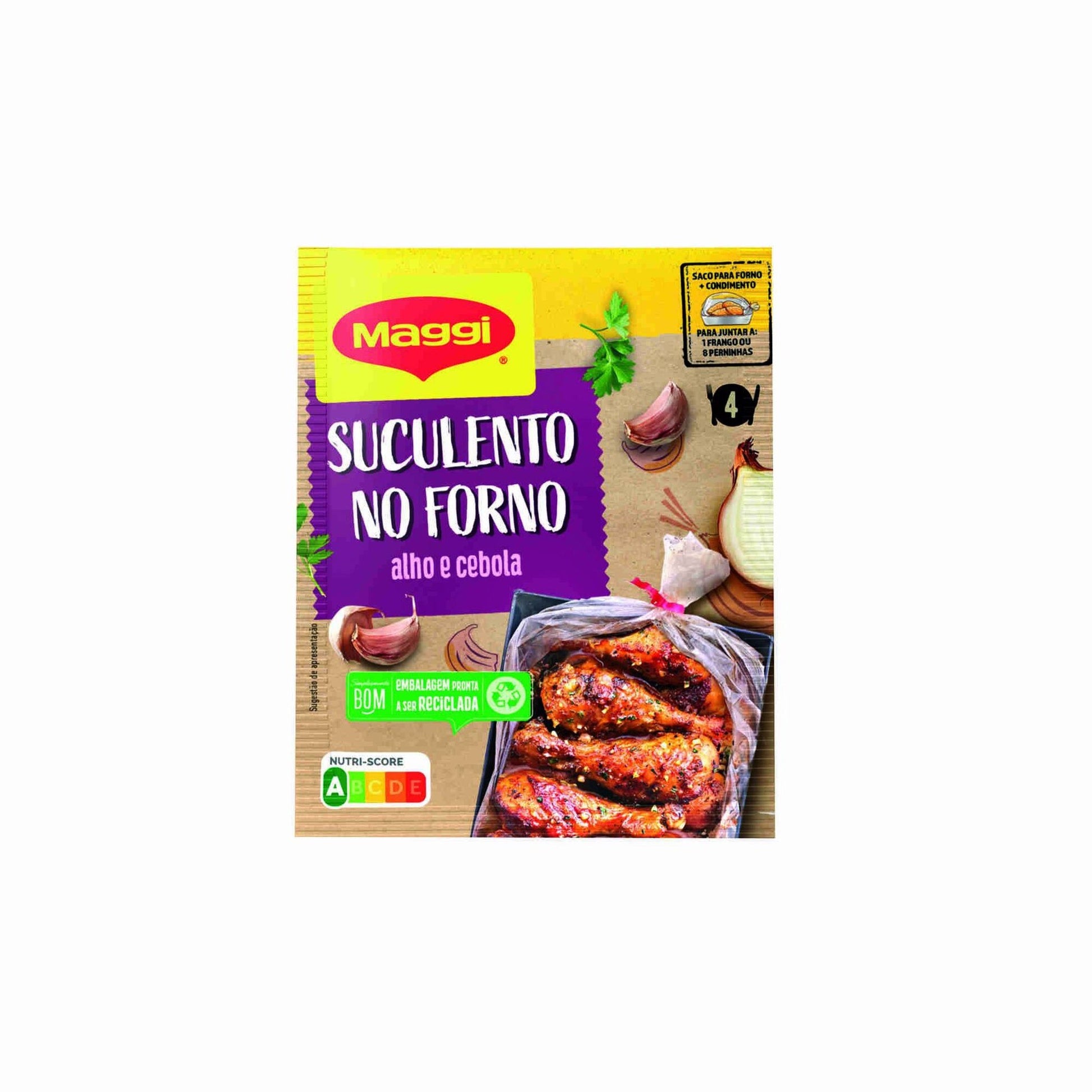 Preparado Maggi Suculento no Forno Alho e Cebola 36g sobre fundo branco