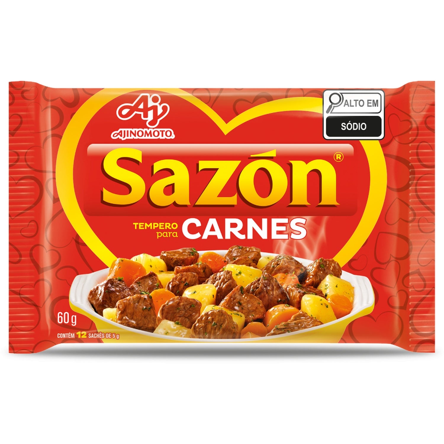 Sazon Tempero Pronto Carne Ajinomoto 60g sobre fundo branco