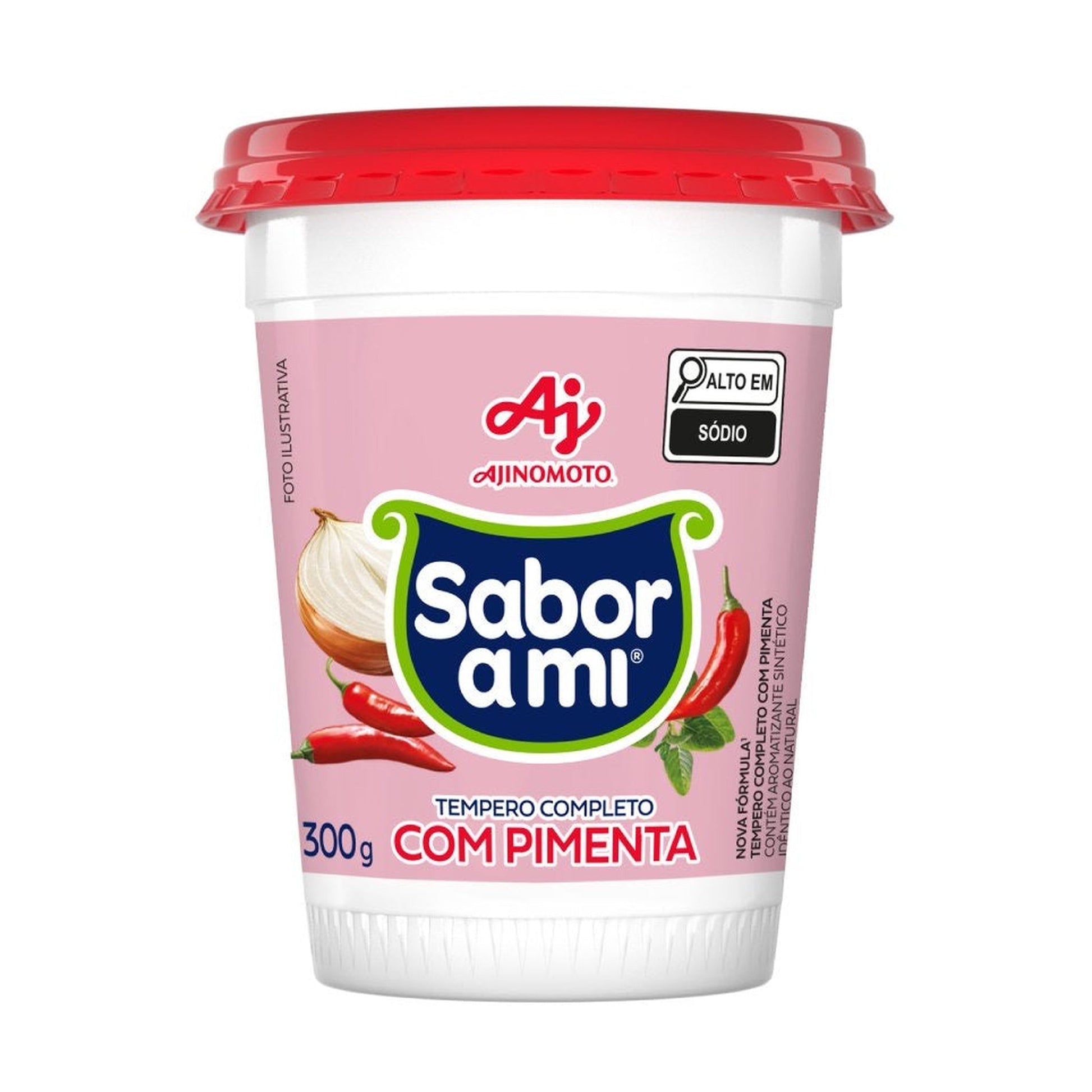 Tempero Sabor A Mi Com Pimenta Pote Ajinomoto 300g sobre fundo branco